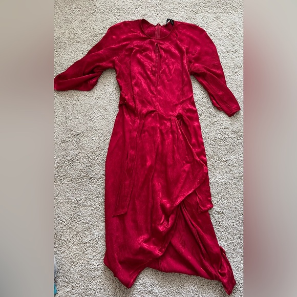 Zara Jacquard Midi Red‎ Asymmetrical Dress XS - Picture 4 of 14